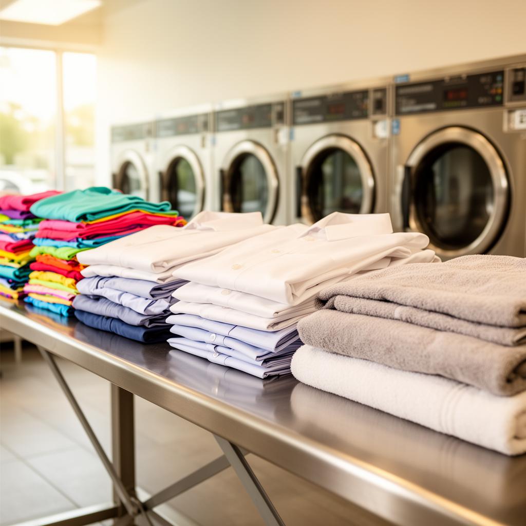 Folded laundry, linens, and pressed shirts on a rack